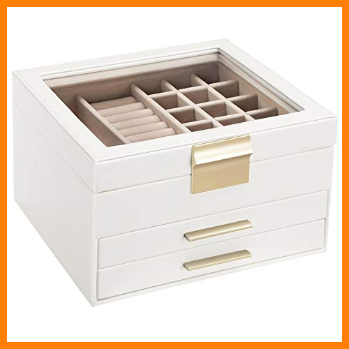 【 Mejor precio en oferta de 】✔️ SONGMICS Caja joyero, Caja para Joyas, Organizador de Joyas con Tapa de Cristal, 3 Capas con 2 cajones, Regalo para Seres Queridos, Blanco JBC239WT