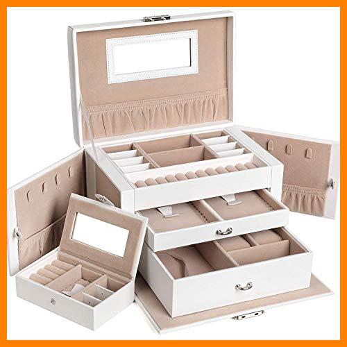 【 Mejor precio en oferta de 】✔️ SONGMICS Joyero, Organizador de Joyas con 2 Cajones, Estuche con Cerradura y Espejo, Estuche de Viaje Portátil, para Anillos, Pulseras, Collares, Forro de Terciopelo, Regalo, Blanco JBC121W