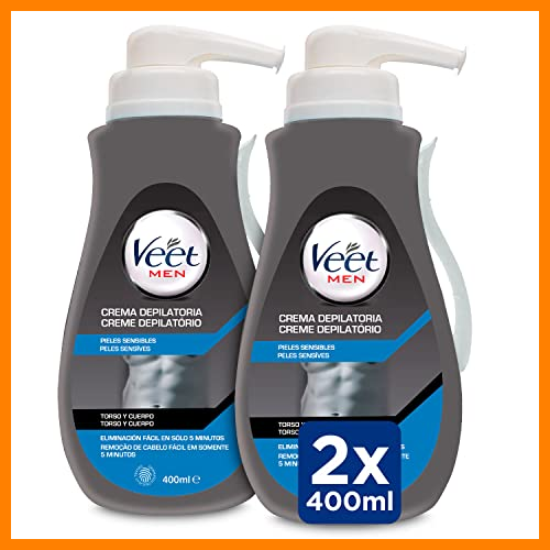 【 Mejor precio en oferta de 】✔️ Veet Men Crema Depilatoria Masculina para Pecho Espalda Brazos y Piernas, Pieles Sensibles, 2 x 400 ml con Dosificador