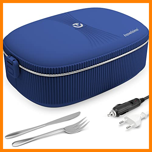 【 Mejor precio en oferta de 】✔️ TRAVELISIMO Fiambrera Electrica 2 en 1 60W para Coche Camión y Trabajo 220V+12V, Calienta Comida en Minutos, Fiambrera Termica Termo Comida Caliente Acero Inoxidable 1L, Tartera Eléctrica Portatil