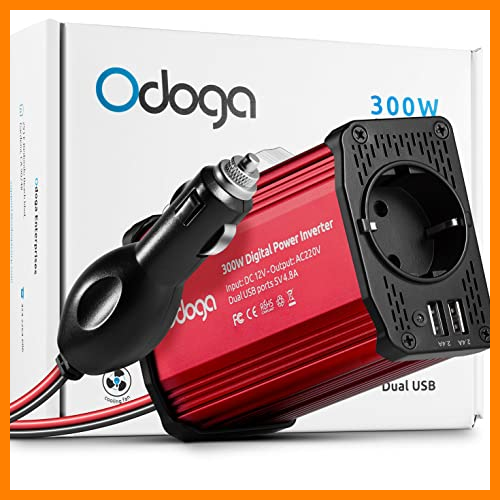 【 Mejor precio en oferta de 】✔️ Odoga Inversor de Corriente para Coche de 300W, convertidor de 12V de CC a 220V de CA con Puertos Doble USB 4.8A - Carga tu Ordenador portátil, iPad, iPhone, Tablet, Consolas y Otros