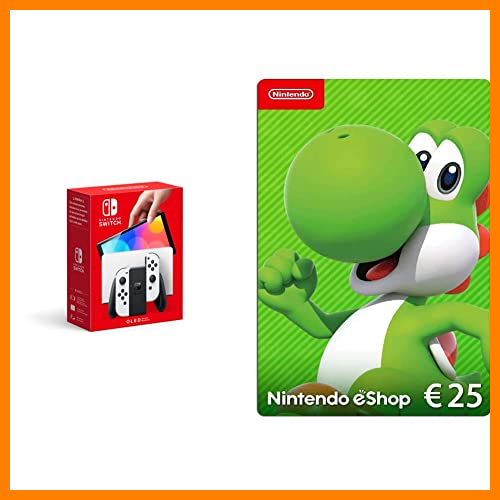 【 Mejor precio en oferta de 】✔️ Nintendo Switch (versión OLED) Blanca + Nintendo eShop Tarjeta de regalo 25€ (Código de descarga)