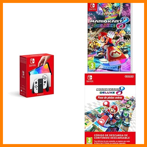 【 Mejor precio en oferta de 】✔️ Nintendo Switch (versión OLED) Blanca + Mario Kart 8 Deluxe (Nintendo Switch) + Pase de pistas extras DLC ( Nintendo Switch - Código de descarga)