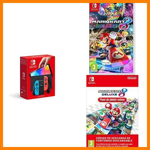【 Mejor precio en oferta de 】✔️ Nintendo Switch (versión OLED) Azul Neón/Rojo Neón + Mario Kart 8 Deluxe (Nintendo Switch) + Pase de pistas extras DLC ( Nintendo Switch - Código de descarga)