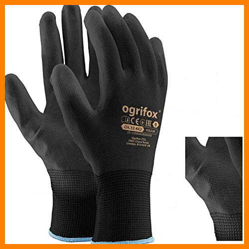 【 Mejor precio en oferta de 】✔️ 24 pares de guantes de trabajo de nailon negro revestidos de poliuretano Para jardinería, construcción y mecánica, con adhesivo redondo AJS LTD® (L-9).