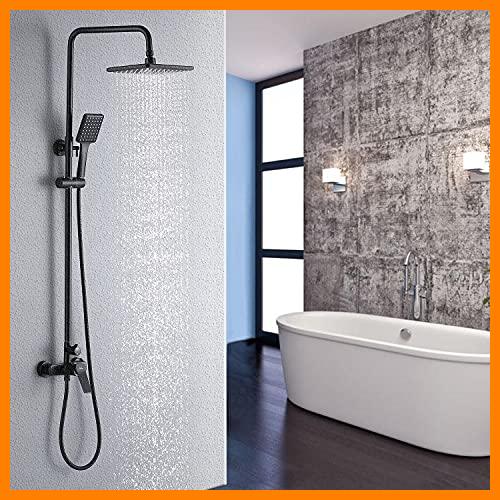 【 Mejor precio en oferta de 】✔️ Auralum Columna de Ducha Negro con Ducha de Mano y Alcachofa Lluvia Cuadrado para Baño, Set Ducha Conjunto de Ducha con Grifo Monomando, Altura Regulable 90-120 cm