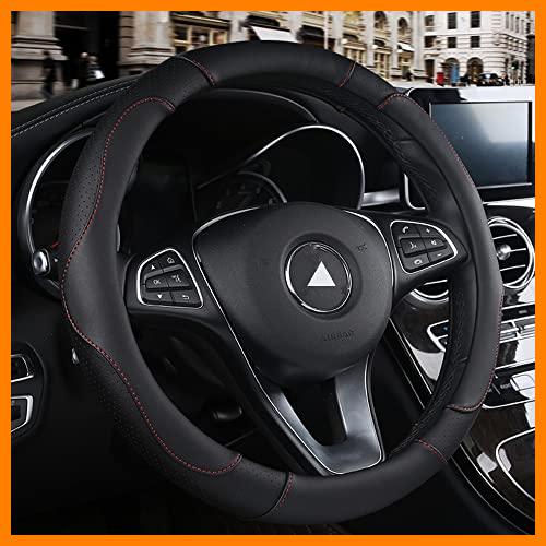 【 Mejor precio en oferta de 】✔️ TONZACK Funda para Volante de Coche de Cuero de Microfibra, 38 cm Universal Absorbente de Sudor Transpirable Funda para Volante, Antideslizante Durable(línea roja de Cuero Negro)