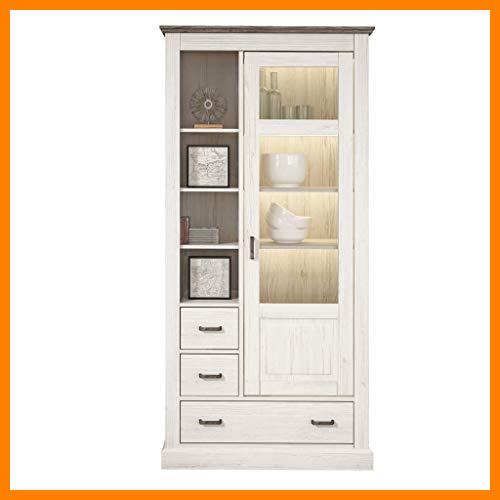 【 Mejor precio en oferta de 】✔️ Vitrina 3 Cajones + 1 Puerta con Luces Led, Mueble Auxiliar de Salon o Comedor, Modelo Irma, Acabado en Andersen Pino y Gris, Medidas: 204 cm (Alto) x 99 cm (Largo) x 42 cm (Fondo)