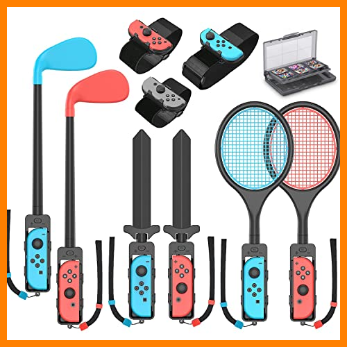 【 Mejor precio en oferta de 】✔️ Tendak 10 en 1 Switch Sports Paquete para Nintendo Switch/Switch OLED, Switch Sports Accessories Kit con Raqueta Golf/Raqueta Tenis Bádminton/Correas Muñeca/Correa Pierna Fútbol/Espada Chambara