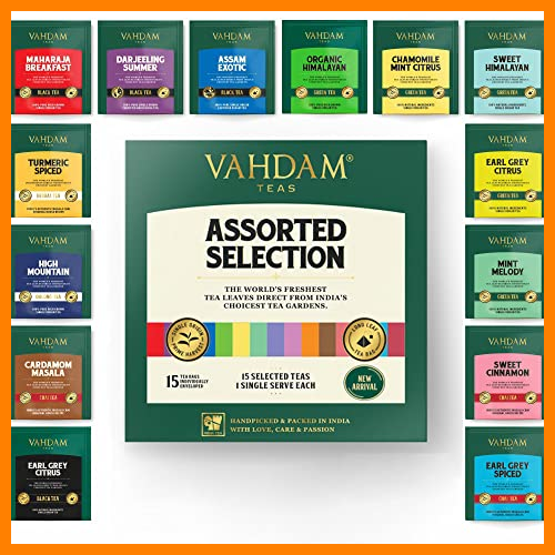 【 Mejor precio en oferta de 】✔️ VAHDAM, Caja Regalo Navidad – Pack Surtido de Té (15 Sabores, 1 Bolsita de Té de Cada): Té Negro, Té Verde, Té Oolong, Té Chai, Tisana | Té de Hoja Larga |Regalos Navidad, Set de Té para Regalo