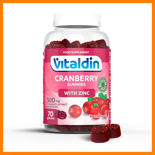【 Mejor precio en oferta de 】✔️ VITALDIN Cranberry gummies – 500 mg de extracto de Arándano Rojo por dosis diaria + Zinc – 70 gominolas (suministro para 1 mes), sabor a Arándanos – Ayuda al Tracto Urinario – Vegano & Sin Gluten