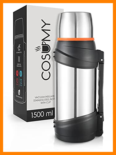 【 Mejor precio en oferta de 】✔️ Termo de Doble Pared de 1,5l con Taza - Antigoteo - Asa y Correa de Transporte - Para Liquidos Calientes y Frios - Plateado