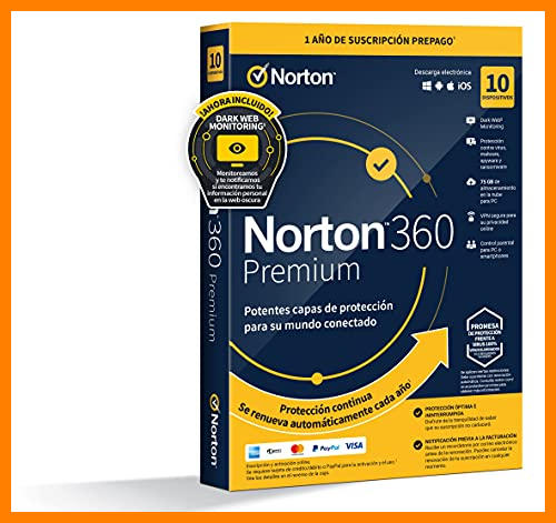 【 Mejor precio en oferta de 】✔️ Norton 360 Premium 2022 - Antivirus software para 10 Dispositivos y 1 año de suscripción con renovación automática, Secure VPN y Gestor de contraseñas, para PC, Mac tableta y smartphone