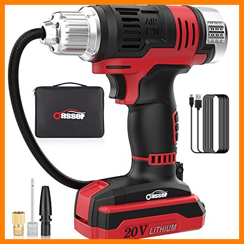 【 Mejor precio en oferta de 】✔️ oasser Inflador de neumáticos de 20 V, compresor de Aire inalámbrico para neumáticos de Coche con batería Recargable de Iones de Litio, indicador de presión Digital LCD Luces LED Cable USB P2S Rojo
