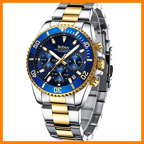 【 Mejor precio en oferta de 】✔️ Relojes para Hombre cronógrafo de Acero Inoxidable Impermeable Fecha Reloj de Cuarzo analógico de Negocios Casual Moda Relojes para Hombres, Oro Azul B, Pulsera