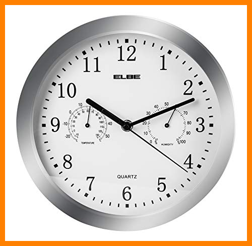 【 Mejor precio en oferta de 】✔️ ELBE RP-3005-9 Reloj de pared con termómetro e higrómetro, mide temperatura y humedad, 25 cm diámetro, panel blanco marco plata, funciona con pilas, color plata