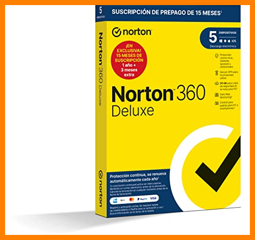 【 Mejor precio en oferta de 】✔️ Norton 360 Deluxe 2023 - Antivirus software para 5 Dispositivos y 15 meses de suscripción con renovación automática, Secure VPN y Gestor de contraseñas, para PC, Mac tableta y smartphone