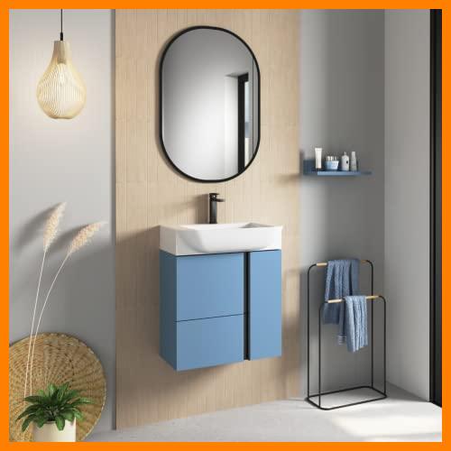 【 Mejor precio en oferta de 】✔️ Mueble de Baño Suspendido a Pared Fondo Reducido Versa | Mueble Aseo Pequeño Volado 1 cajón 2 Puertas con Lavabo Cerámico | Island Mate Tirador Negro | 55cm