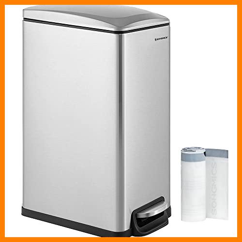 【 Mejor precio en oferta de 】✔️ SONGMICS Cubo de Basura de Cocina de 48 L, Basurero con Pedal Delgado para Espacios Estrechos, Tapa de Cierre Suave y Cubeta Interior, Acero Inoxidable, con 15 Bolsas de Basura, Plata LTB510E48