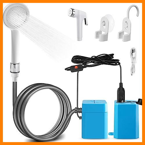 【 Mejor precio en oferta de 】✔️ AUTOPkio Ducha Portatil Camping Bateria, Recargable Duchas Exterior con Bomba, Pulverizador, Transmisión Ajustable para Acampada Caravana Lavado Coche 12V 24V (Azul)