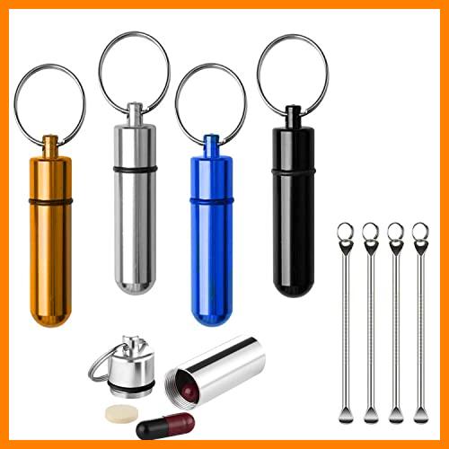 【 Mejor precio en oferta de 】✔️ NITAIUN 4 Piezas Pastillero Llavero Píldoras Llavero Caja de Pastillas de Aleación y 4 Piezas Cuchara Diminuta Impermeable Mini Pastillero Botella Contenedor De Aluminio para la Medicación