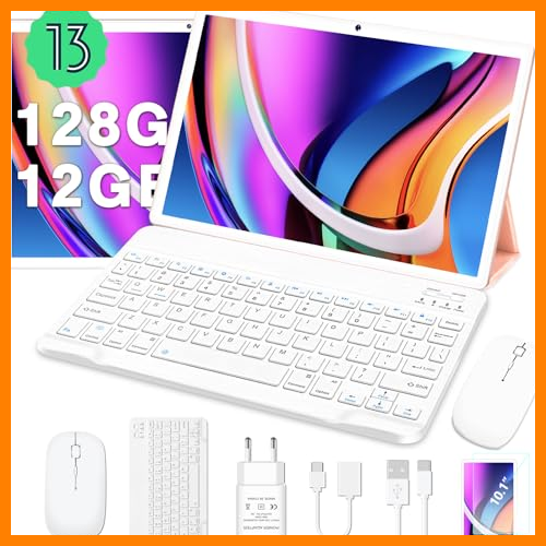【 Mejor precio en oferta de 】✔️ 2024 Newest Tablet 10 Pulgadas Android 13 Tablets PC 12GB RAM + 128GB ROM (1TB TF) Cores 2.0Ghz, WiFi 5G+2.4G, BT 5.0, GPS, Face ID, 8000mAh, 8+5MP, Cuerpo Metálico, con Funda, Teclado y Ratón, Dorado