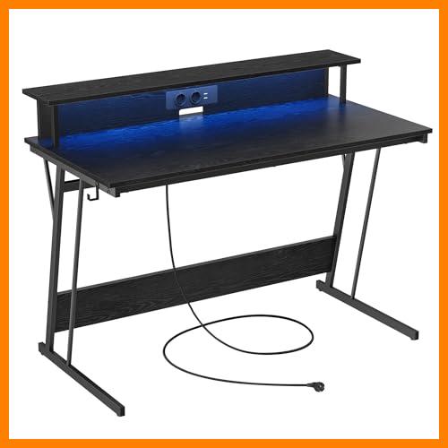 【 Mejor precio en oferta de 】✔️ VASAGLE Escritorio para Juegos con Luces LED y Tomas de Corriente Incorporadas, Escritorio con Estante para 2 Monitores, Mesa para Oficina Dormitorio, 60 x 120 x 76 cm, Negro Ébano LWD192B56