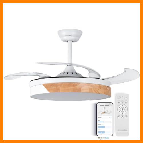 【 Mejor precio en oferta de 】✔️ UNIVERSALBLUE Ventilador de Techo Blanco y Madera con Luz LED | Ventilador WIFI Silencioso | Aspas Retráctiles | Control Móvil y Mando | Motor DC Silencioso