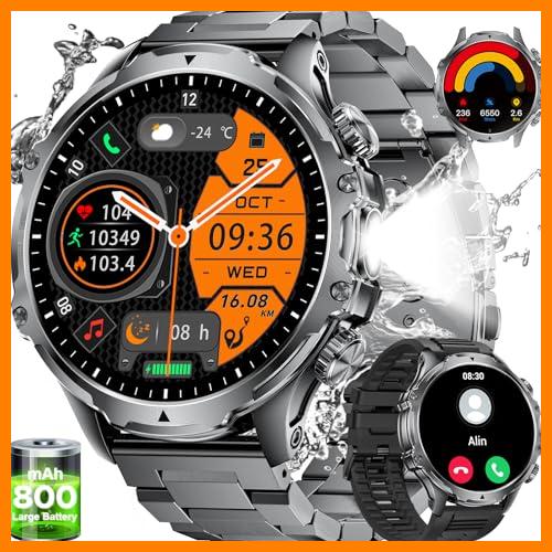 【 Mejor precio en oferta de 】✔️ SUNKTA Reloj Inteligente Hombre con Linterna 1,85'' Gran Pantalla 800 mAh Batería Llamadas Bluetooth 2 Pulsera, 5 ATM Impermeable Frecuencia Cardíaca Deportivo Smartwatch para Android iOS