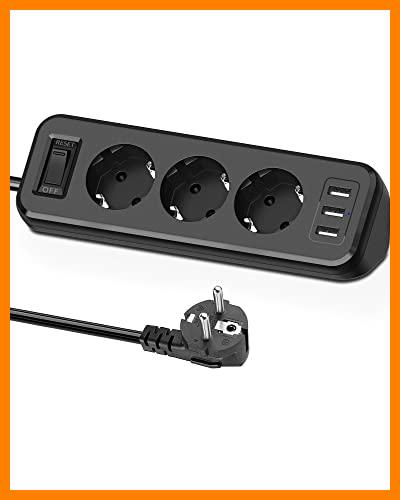 【 Mejor precio en oferta de 】✔️ SUDEERY - Regleta de 3 enchufes con 3 USB, multifunción, Enchufe de Esquina con Interruptor, protección contra sobrecarga con Cable de extensión de 1,8 m, para Cocina, Color Negro