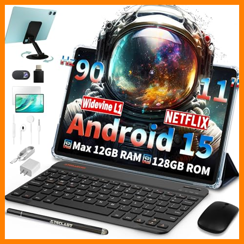 【 Mejor precio en oferta de 】✔️ TECLAST Tablet 11 Pulgadas P50Case 90Hz Tableta Android 15, 2.0GHz Octa-Core, 12GB RAM 128GB ROM/TF 4TB/7000mAh/Widevine L1/BT5/GPS/OTG, Tablet con Teclado+Lápiz+Funda+Auriculares, 10 Accesorios-2025