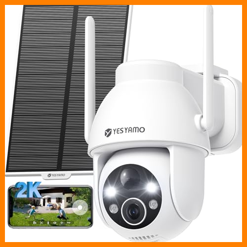 【 Mejor precio en oferta de 】✔️ YESYAMO 2K Cámara Vigilancia WiFi Exterior Solar con Batería, Panel Solar, 2.4GHz Wi-Fi Cámara Exterior Solar IP66, 360° PTZ, Visión Nocturna Color, Audio Bidireccional, PIR Sirena, Blanca
