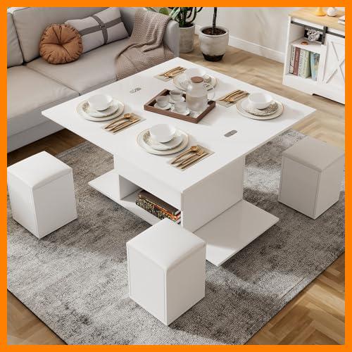 【 Mejor precio en oferta de 】✔️ Mesa de centro multifuncional elevable: el escritorio puede abrir 2 mesas, color blanco, gran capacidad, muebles modernos de salón, oficina, mesa de comedor, 100 x 100 x 63,5 (largo x ancho x alto)